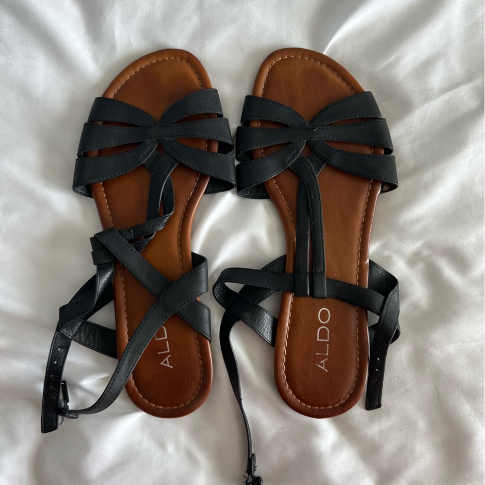 Aldo Black Strappy Flat Sandals